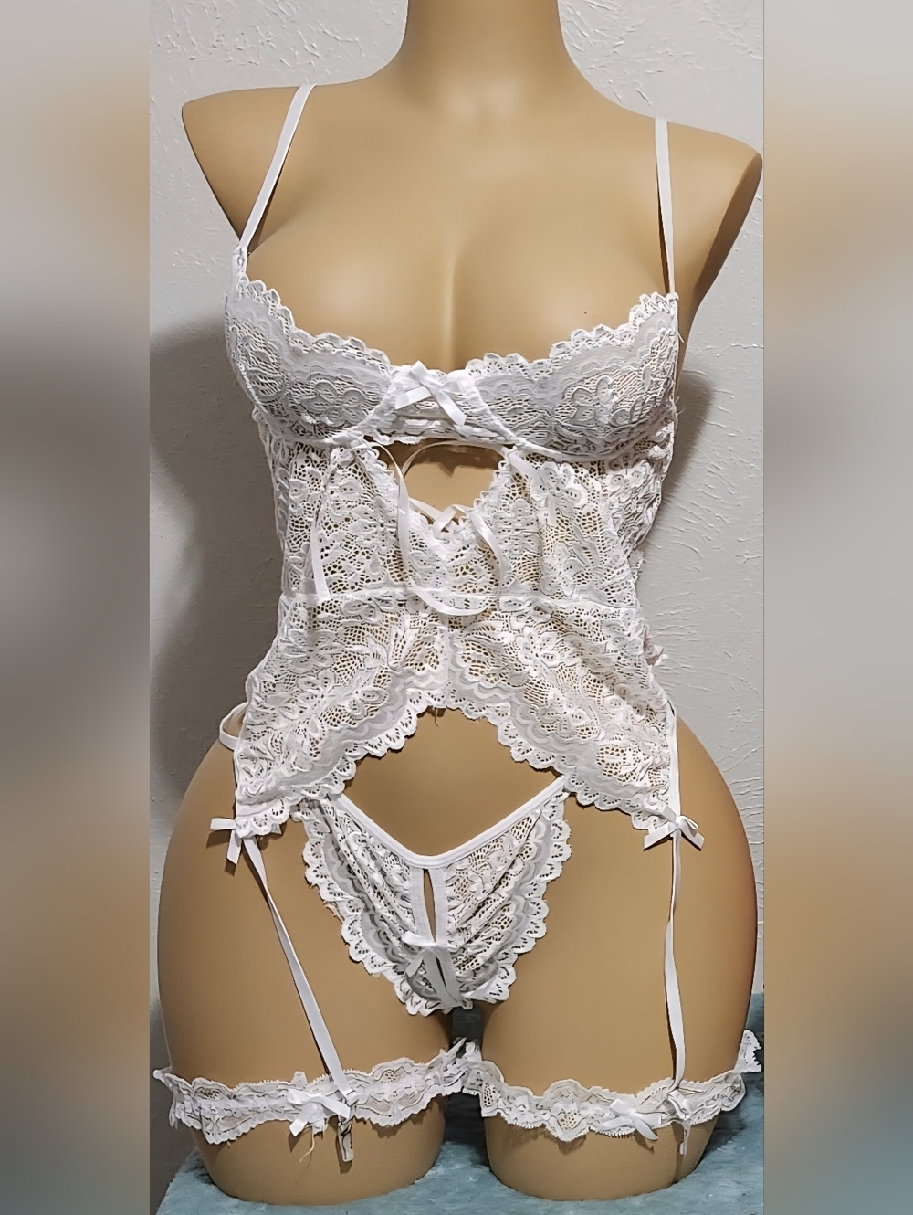 White 3 Piece G-string Bow Bodysuit Set